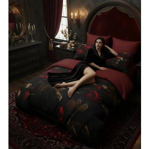 Black Gothic Roses Comforter Set King Size, Burgundy Farmhouse Vintage Floral Bedding for Adult Women - 3Pcs 2 Pillowcases,All Season/104 x90