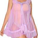 Women's 2 Piece Lace Mesh Babydoll Lingerie Set Sheer Chemise Nightgowns with Thongs Sleepwear (Purple, S)