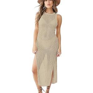 Women's Knit Vest Long Dress Crochet Robes V Neck Elegant Cover Up Dress, XL