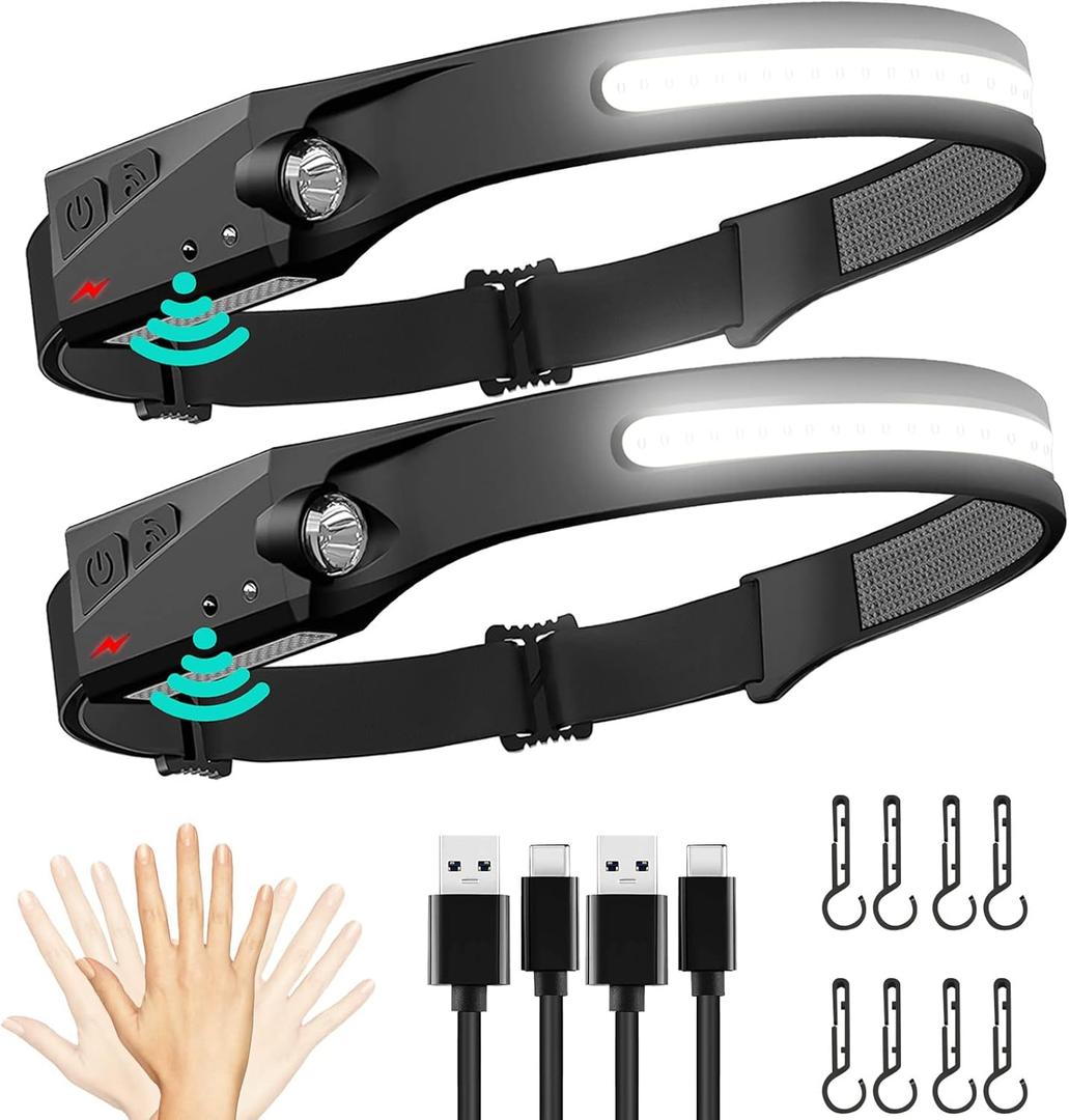 FBKK Rechargeable LED Headlamp 2 Pack, 230Wide Beam Head Lamp with Motion Sensor, Waterproof Lightweight Headlight Flashlight for Camping, Hiking, Running, Outdoor for Adults and Kids