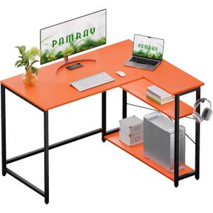 Pamray 43 Inch L Shaped Computer Desk with Reversible Side Storage Shelves, Small Corner Desk for Small Space Home Office,Writing Study PC Table for Bedroom,Orange