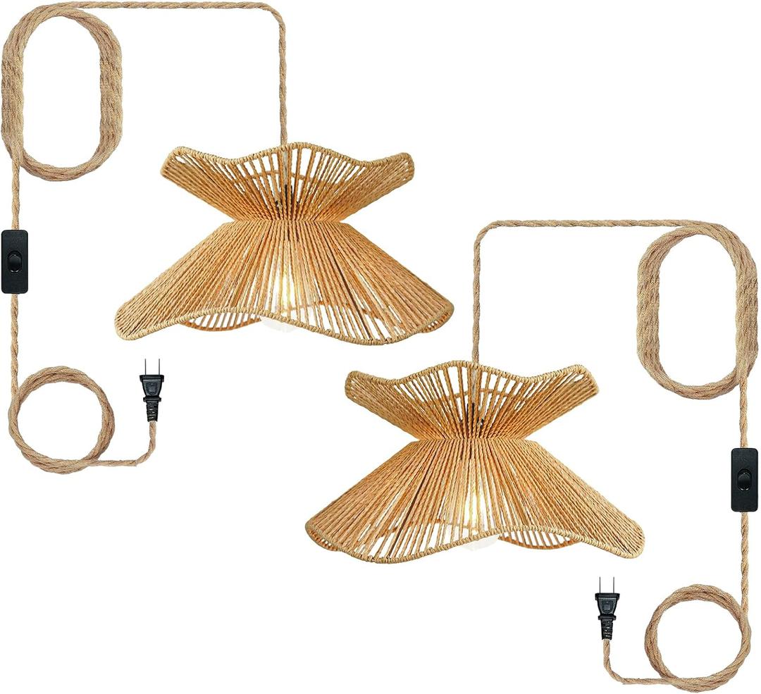 Bohemian Rattan Chandelier 19.7" Wide | Farmhouse Hemp Rope Braided Hanging Fixture | Double Layer DIY lampshade for Kitchen Island, Living Room, Bedroom & Hallway (Brown, 2 Pcs-15.7"-Plug in)