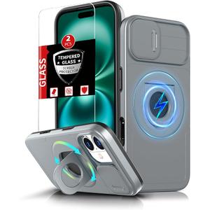 for iPhone 16 Case Magnetic Compatible with MagSafe Wireless Charging,with 2 Screen Protectors,Built-in Kickstand Ring,with Camera Cover Shock-Absorbent Shockproof Heavy Duty Protection Grey