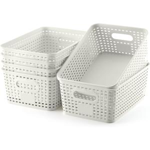 Plastic Storage Baskets 6 Pack Sturdy Storage Organizer Basket Woven Plastic Storage Bins for Shelves,Closet,Countertops, Desktops, Cabinets and Badrooms,Saving Storage, Stylish Design,White