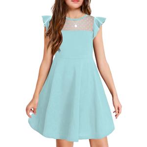 Arshiner Girls Dress Summer Ruffle Sleeve Mesh A Line Casual Party Dresses with Pockets (Blue) Size 10-12