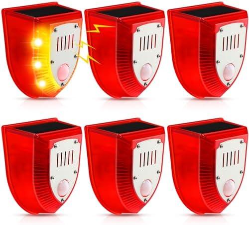 Qualirey 4 Pcs Solar Alarm Motion Detector with Sound Outdoor Motion Sensor 129db Barking Dog Strobe Light Gunshot Sound Alarm Detector Noise Maker Warning Lamp for Home Villa Yard Farm