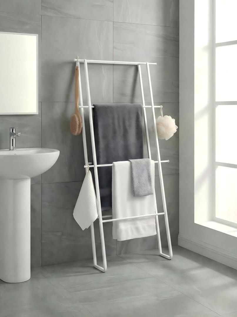 CANYAVE Metal Leaning Ladder Towel Rack, 4-Tier Blanket Stand for Bathroom Living Room, No Drilling Quilt Storage Organizer (White)