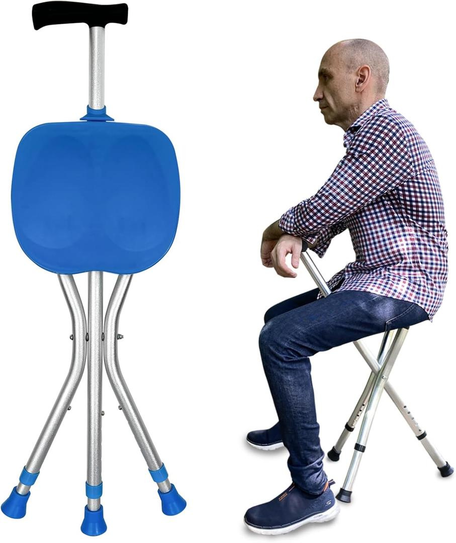 Honmido Portable Adjustable Folding Walking Cane with Seat Allows Durability While Walking and Convenience for Sitting, Alloy Crutch Chair, Anti-Slip Lightweight Walking Stick for Seniors (blue)