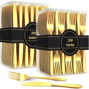 Nuenen 500 Pcs Forks and Knives Bulk Set Stainless Steel Silverware 250 Dinner Fork 250 Steak Knives Metal Flatware Tableware Cutlery Set for Home Restaurant, Mirror Polished, Dishwasher Safe (Gold)
