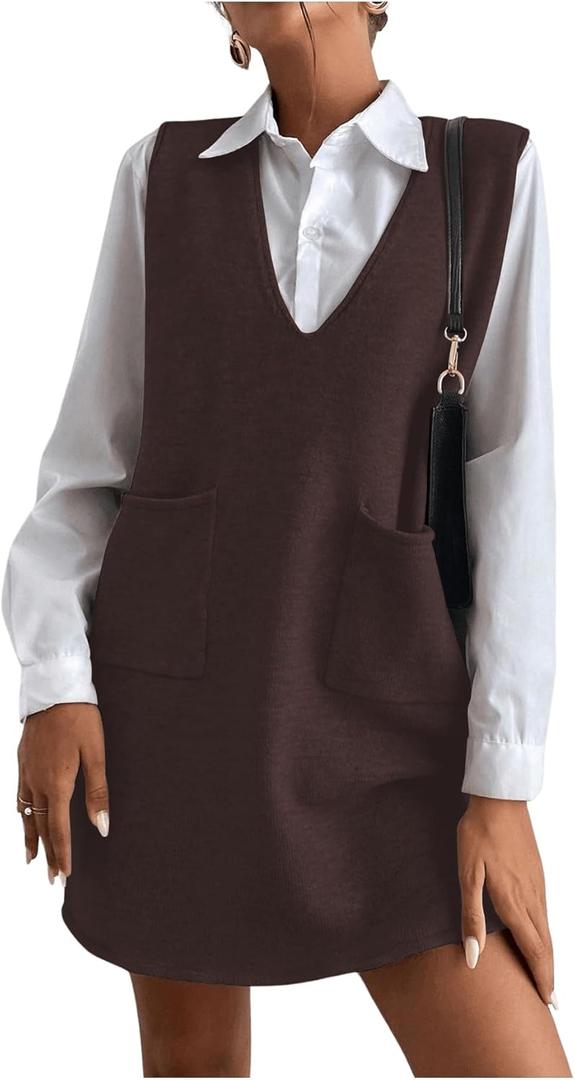 OYOANGLE Women's V Neck Sleeveless Knitted Solid Short Sweater Dress with Pockets (Deep Brown, Small)