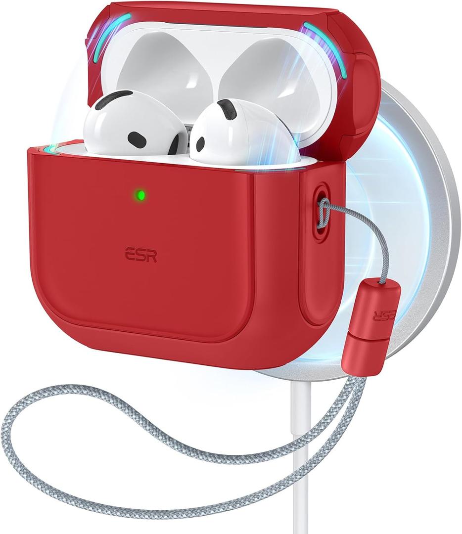 ESR for AirPods 4 Case, Compatible with AirPods 4th Generation Case (2024) (USB-C), Compatible with MagSafe, Drop Protection Cover with Lanyard, Magnetic Lid Lock, Orbit Hybrid Series, Red