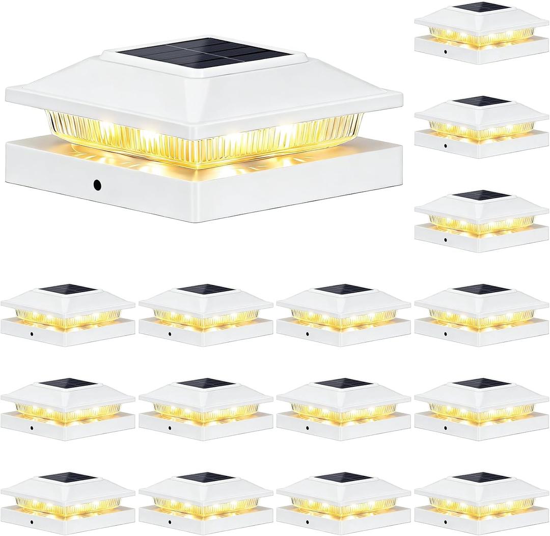 Brightever 4x4 3.5x3.5 Solar Post Cap Lights Outdoor 16-Pack, Solar Fence Post Lights Fit Vinyl/Wood Posts, 2 Modes(Warm/Cool White), Solar Powered Waterproof Deck Post Lights for Patio Porch, White