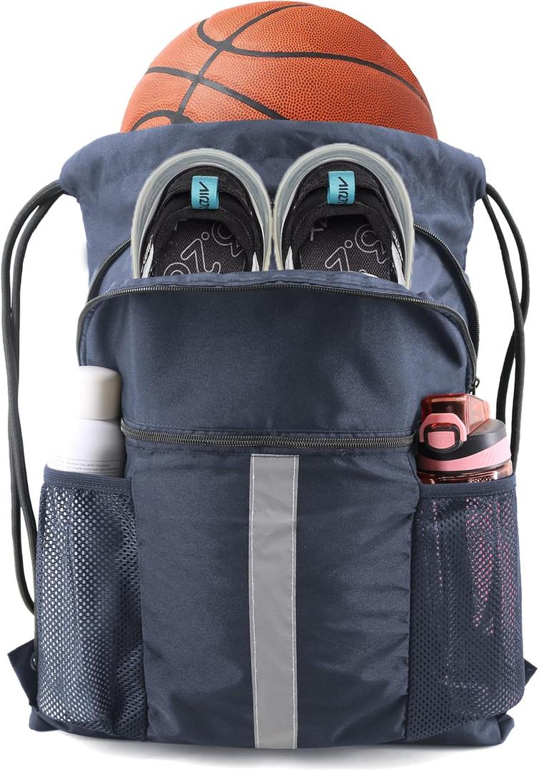 BeeGreen Drawstring Backpack Bag with Shoe Compartment, X-Large Black Gym Sports String Cinch Backpack (Navy)