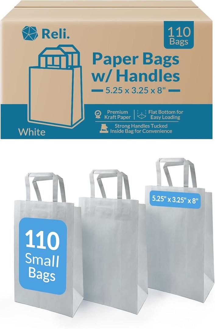 Reli. 110 Pack | 5.25"x3.25"x8" | Small White Gift Bags w/Handles | Kraft Paper Shopping, White Paper Bag for Gifts, Retail, Merchandise, Party Favors