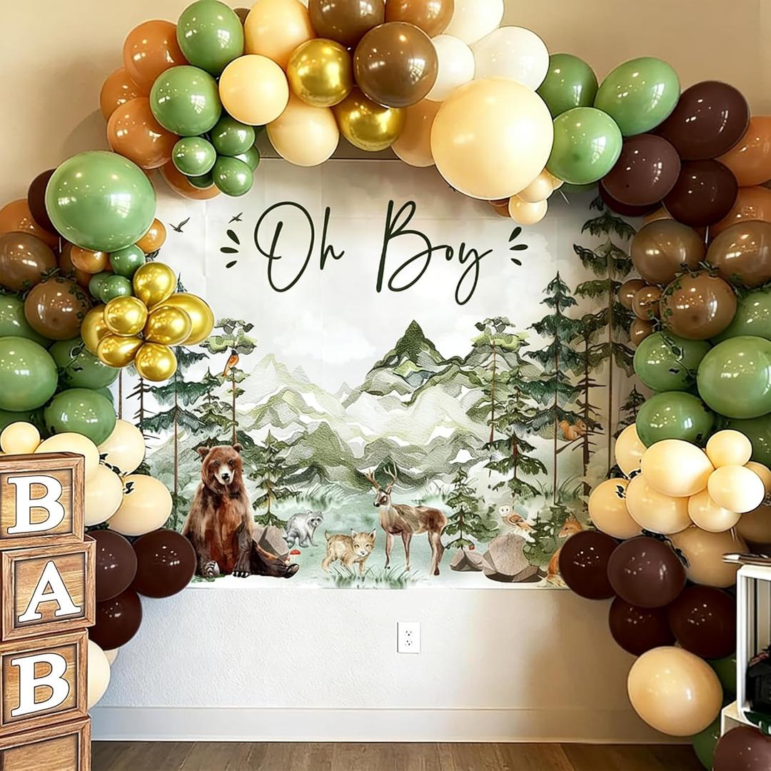 Oh Boy Woodland Baby Shower Backdrop Let The Adventure Begin Baby Shower for Boy Adventure Awaits Balloons Forest Mountains Birthday Party Decorations (Green 1)