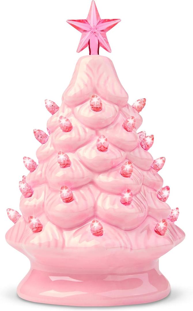 Joiedomi 7" Pink Ceramic Christmas Tree, Mini Prelit Tabletop Christmas Ceramic Tree with Extra Clear Top Star & Bulbs for Holiday Decoration Small Xmas Holiday Best Desk Tabletop Decoration (Pink)