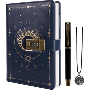 TIEFOSSI Diary with Lock, Vintage Sun Journal with Lock for Women Men, A5 Refillable Locked Notebook for Writing, 224 Numbered Pages (Blue)