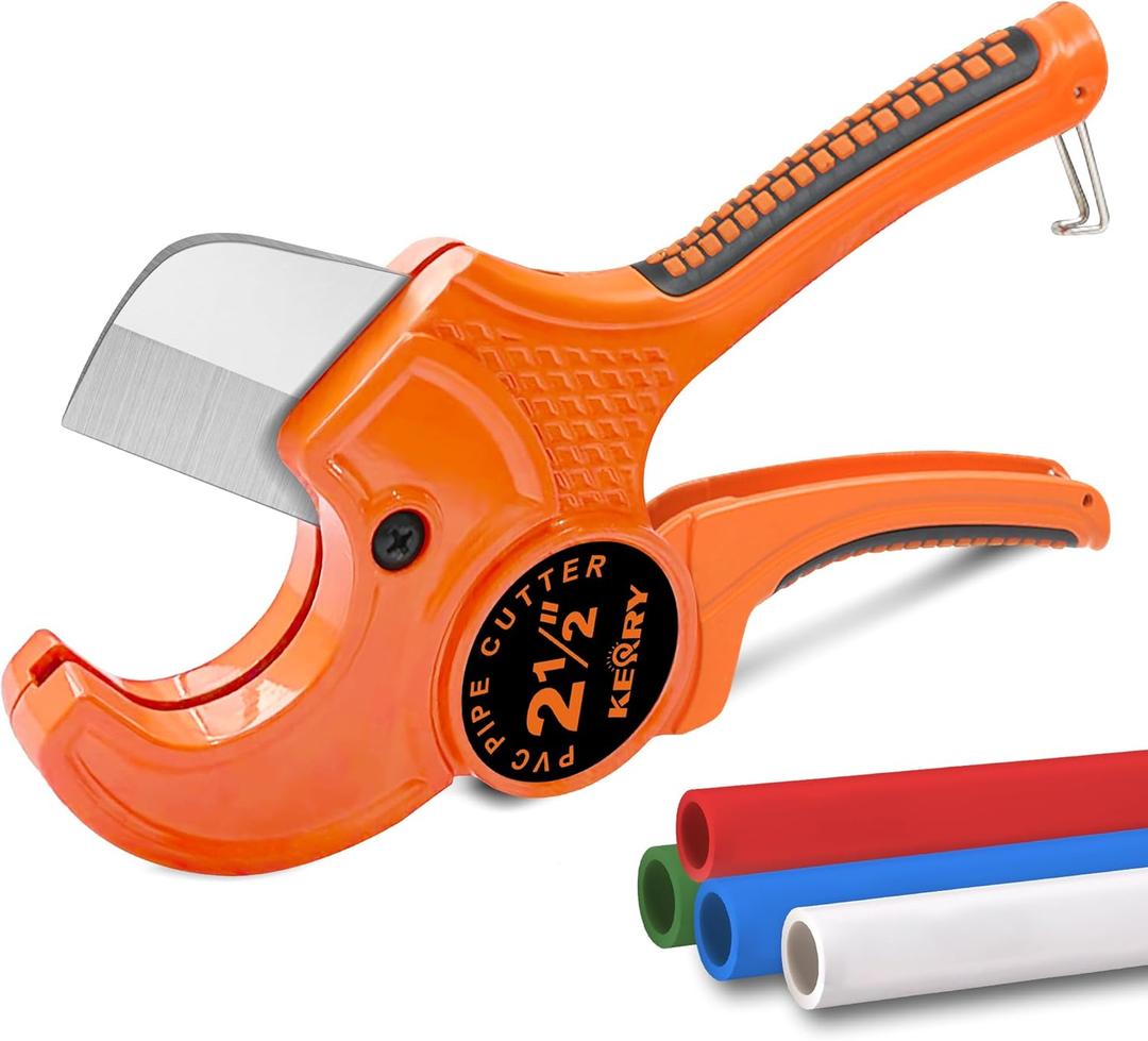 Kerry PVC Pipe Cutter, Up to 2-1/2" Ratcheting Heavy-Duty PEX POLY PE Plastic Hoses and Plumbing Tube Cutting Tool, Stainless Steel Blades, Thicken Aluminum Body Efficient Extended Handle