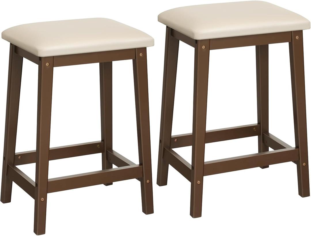 HOOBRO Bar Stools, Set of 2 Bar Chairs, Counter Height Bar Stools, PU Upholstered Kitchen Stools, 24 Inch Bamboo Saddle Stools with Footrests, for Kitchen, Dining Room, Bar, Beige and Brown CE04MD01