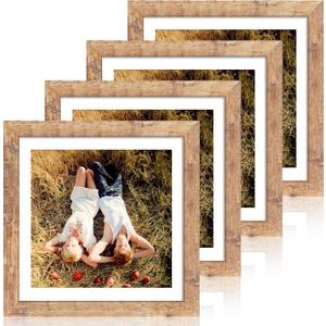iRahmen 12x12 Picture Frame Set of 4 with Tempered Glass, Rustic Brown Frame Display 10x10 Pictures with Mat or 12 x 12 Without Mat, Wood Square Photo Frames for Desktop Display and Wall Mounting