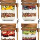 4 Pack Overnight Oats Containers with Wooden Lids and Spoons, 16oz Glass Mason Overnight Oats Jars with Lids, Large Capacity Airtight Jars for Milk, Cereal, Fruit