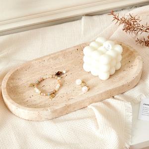Denique Natural Travertine Tray, 12" Vanity Tray Oval Decorative Tray, Countertop Organizer for Perfume & Candles, Jewelry Dish Ring Holder for Bathroom Counter, Vanity, Dresser (Travertine Beige)