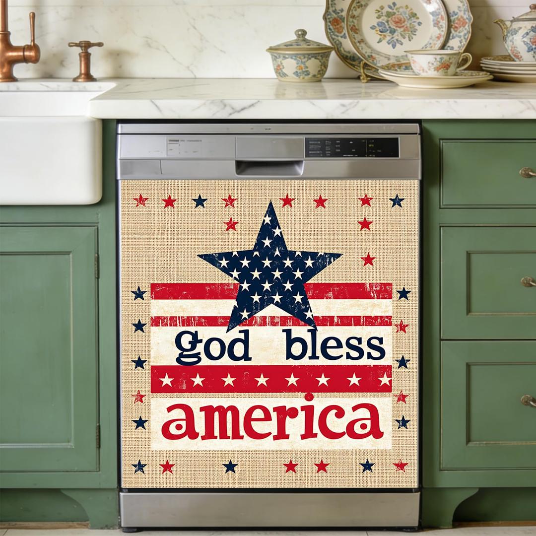 Dishwasher Magnet Cover 23" x 25.6", Independence Day Magnetic Door Wrap, Reusable Fridge Appliance Decor Sticker for Kitchen (Patriotic Star, Rustic Stripes, 23" W x 26" H)