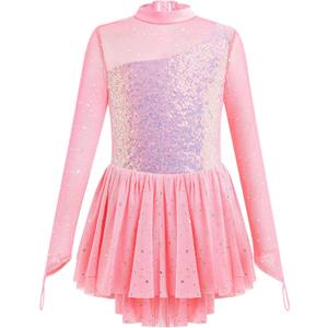 ODASDO Figure Skating Dress for Girls Mesh Long Sleeve Sparkly Sequin Skirted Leotard Ballet Outfit Dancewear (Pink, 11-12Y)