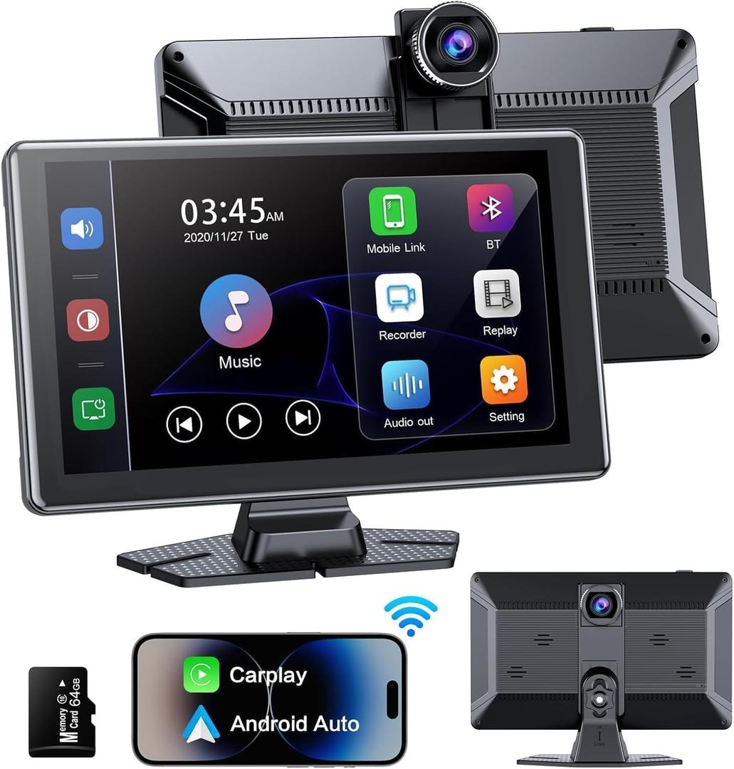 Portable Wireless Carplay Screen, PBYRD 9" Touchscreen with 4K HD Front Camera, Car Stereo with Apple Carplay & Android Auto, Mirror Link/Voice Control/Bluetooth/GPS Navigation-2025 New