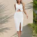 Women's Summer Dress with Slit Sleeveless Crew Neck Cutout Twist Front Crisscorss Ribbed Knit Bodycon Midi Casual Dresses (White, L)