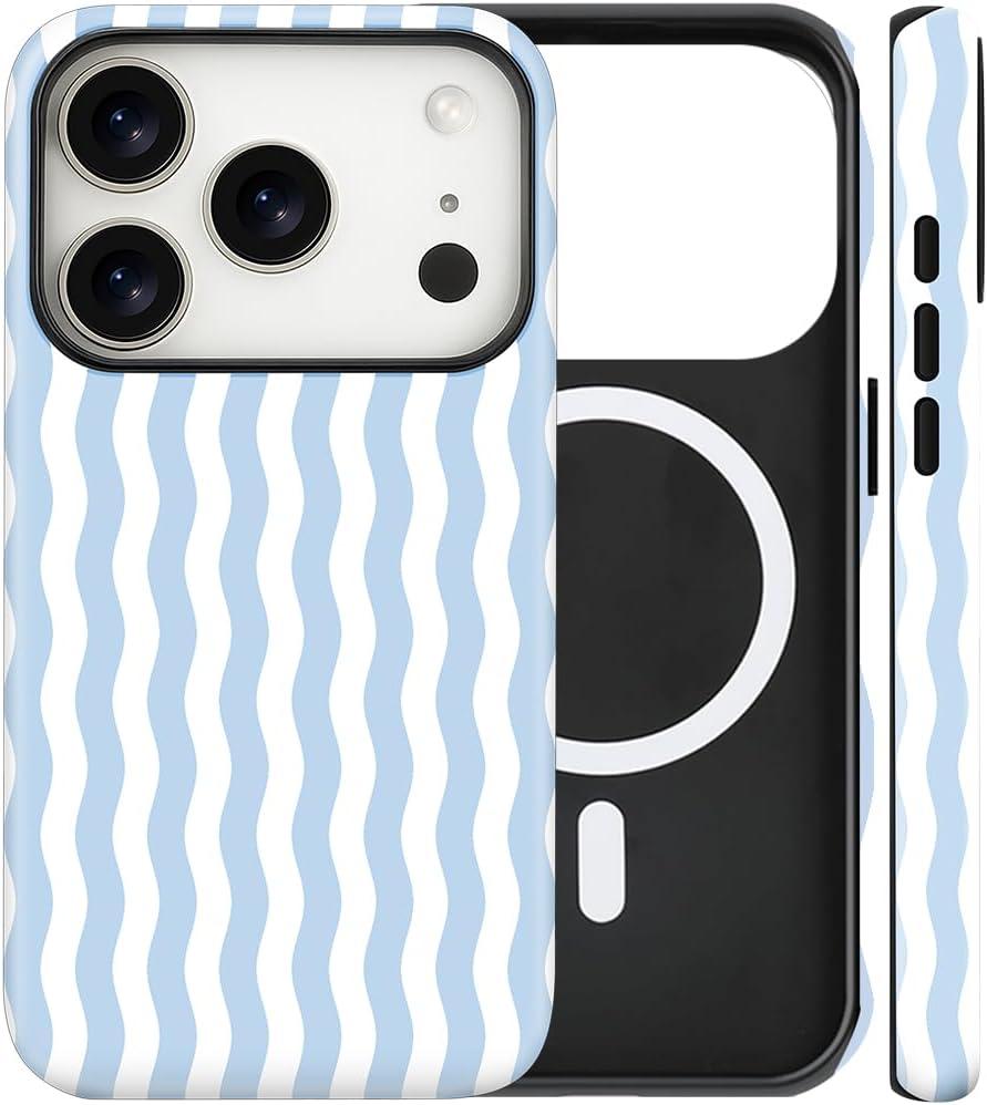 Magnetic for iPhone 17 Pro Max Case Cute Wavy Stripes Phone Case, Shockproof Slim TPU and Hard PC Protective Phone Cover Compatible with MagSafe Designed for Women Girls, Blue