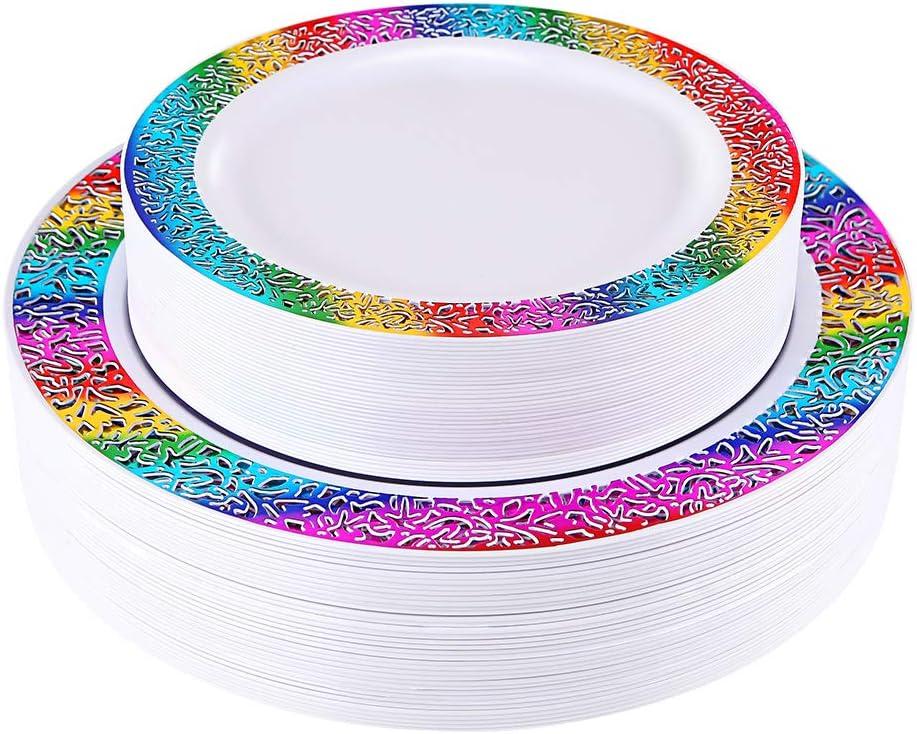 supernal 60pcs Gold Plastic Plates,Disposable Lace Plates,Rainbow Plastic Plates,Tie-dye Plates,Birthday Party Plates Include 30 Dinner Plates,30 Salad Plates,Perfect for Birthday,Party,Wedding