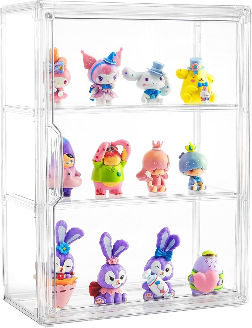 Acrylic Display Case for Collectibles 3 Tier Figure Display Case with 2 Movable Plates Clear Display Case for Figures with Magnetic Door Tall Display Box, 1 Pack