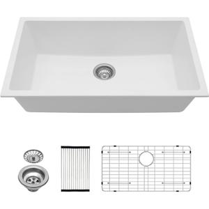 Lordear 33 White Granite Composite Kitchen Sink 33" x 19" Undermount Sink Quartz Composite White Deep Single Bowl Under Counter Kitchen Sinks (White)