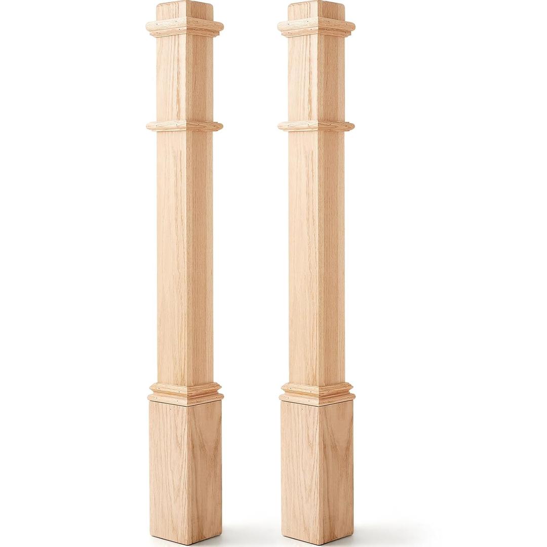 Wonderjune 2 Pcs 48 Inch Red Oak Stair Newel Post with 3 1/2" Post and 4 1/2" Pedestal, Wood Box Newel with Pedestal for Staircase, Plain Style Wood Balusters Interior for Stair Remodeling