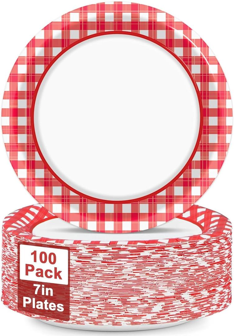 100pcs 7inch Red and White Plates Gingham Checkered Plaid Tableware Baby Shower Red Gingham Dessert Disposable paper Dinnerware for Picnic Barbecue Baby Shower Birthday Party Decorations