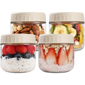 SHOWIN Overnight Oats Containers with Lids, 10oz Glass Jars with Lids 4 pcs, Apricot, Wide Mouth Mason jars for Salad, Yogurt, Snacks, Meal Prep (Camel)