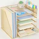 Desk Organizer, 5-Tier Paper Letter Tray Organizer with File Holder, Drawer and Pen Holder, Desktop Organizer for Office Supplies, Gold
