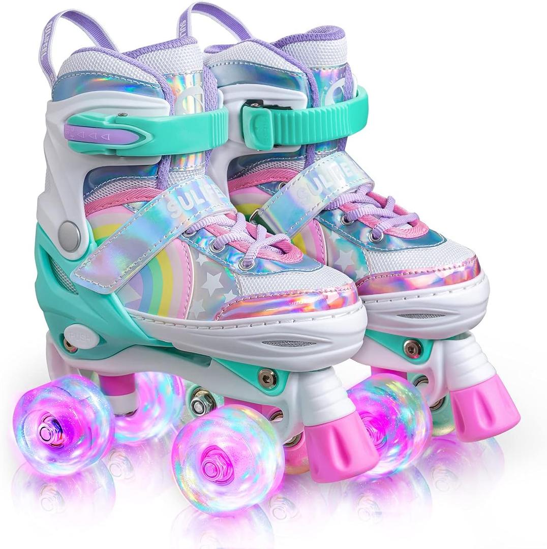 SULIFEEL Rainbow Unicorn 4 Size Adjustable Light up Roller Skates for Girls Boys for Kids (Small - Little Kid)