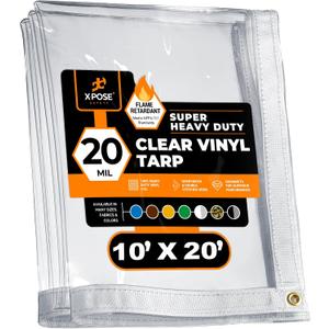10' x 20' Clear Vinyl Tarp - Fire Retardant 20 Mil Super Heavy Duty Transparent Waterproof PVC Tarpaulin with Brass Grommets - for Patio Enclosure, Temporary Wall, Multipurpose - by Xpose Safety