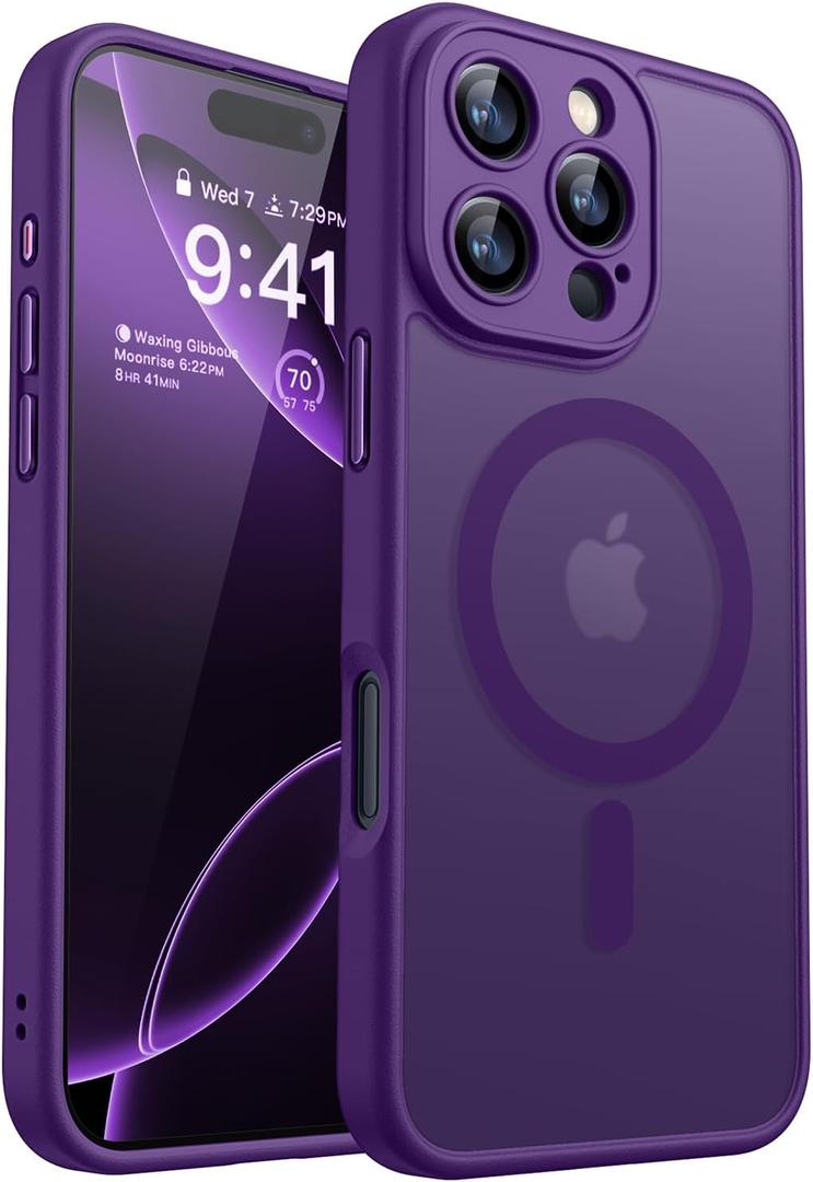 CANSHN Magnetic Compatible with iPhone 16 Pro Case, Upgraded [Full Camera Protection] [Compatible with Magsafe] [Translucent Matte] Shockproof Protective Phone Case Cover 6.3 Inch - Deep Purple