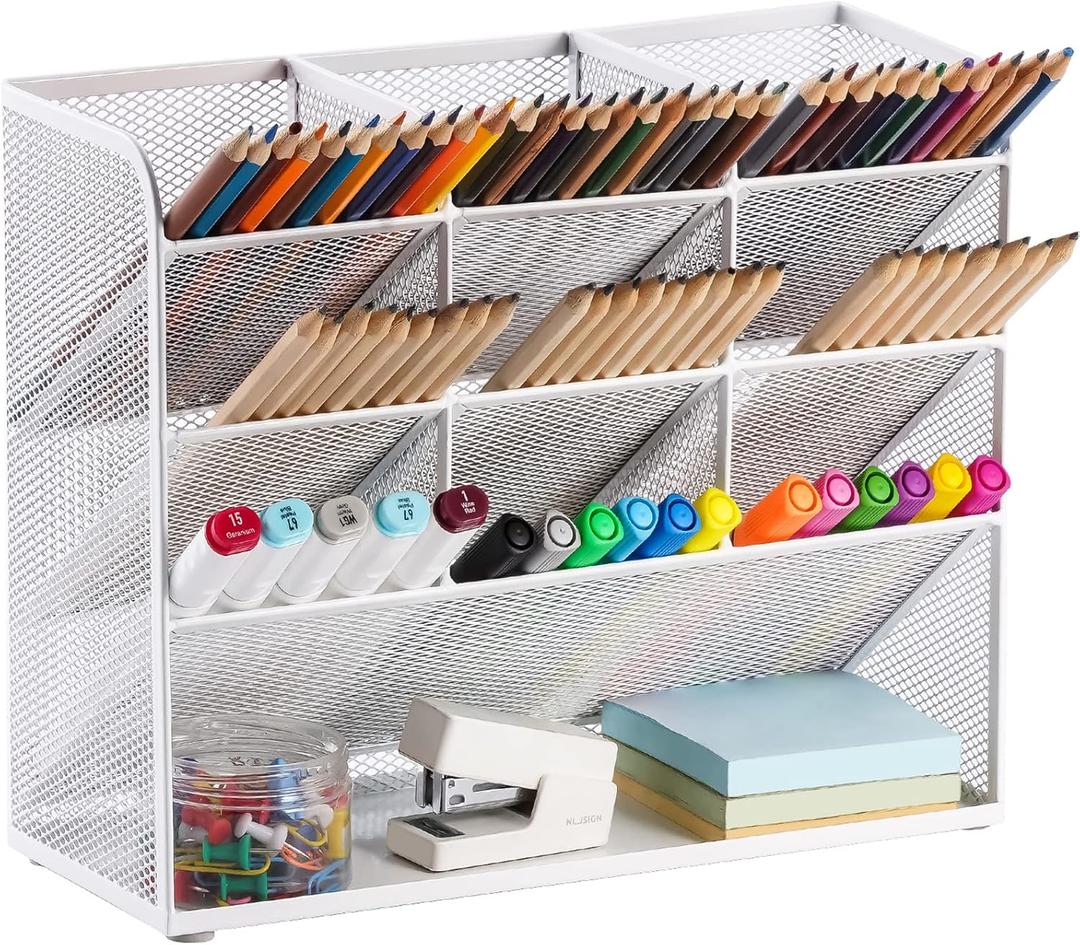 Marbrasse Mesh Desk Organizer, Multi-Functional Pen Holder, Pen Organizer for desk, Desktop Stationary Organizer, Storage Rack for School Home Office Art Supplies (White - Mesh Pen Holder)