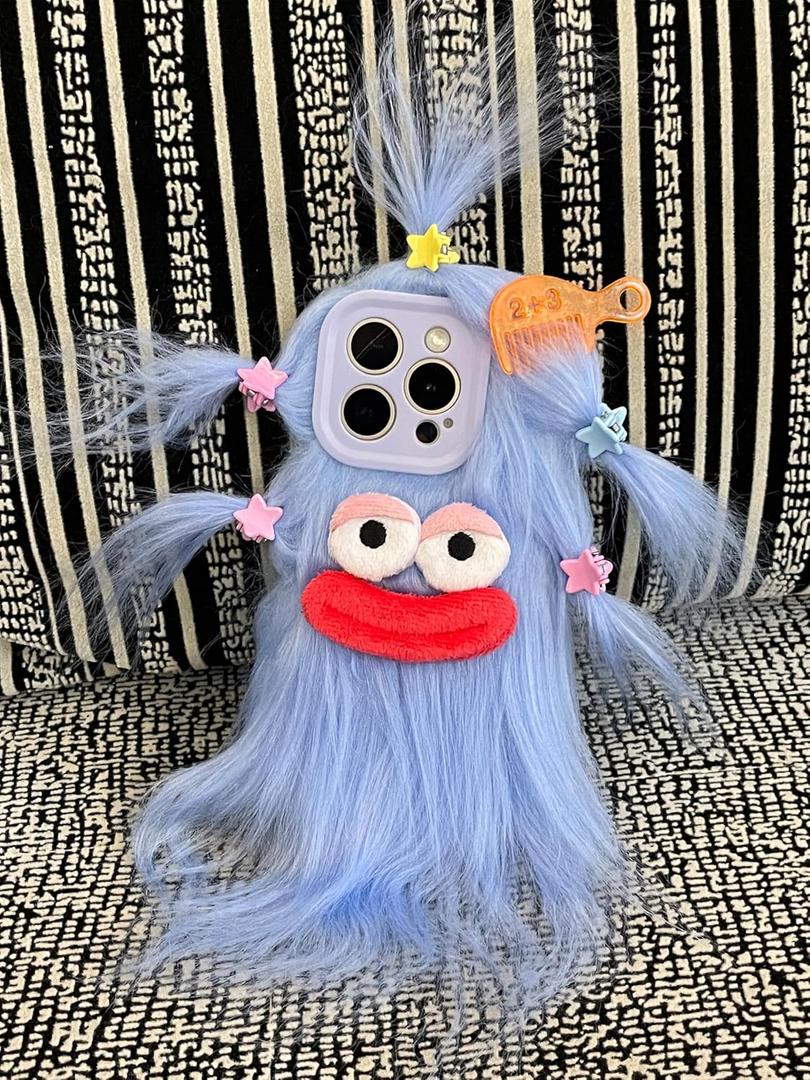 Aeilene Blue Furry Ugly Phone Case for iPhone 17 Pro Max, Cute DIY Long Hair Funny Thick Mouth Warm Plush Cases, 3D Cartoon Silly Fuzzy Winter Protective Cover for Women Girls