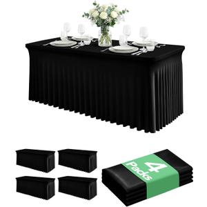4 Pack Spandex Table Cover Skirts for 6ft Rectangle Tables, Black Stretch Table Cloths with Floor-Length Ruffle, Elastic Fitted Skirted Tablecloth for Elegant Wedding Banquet Party Buffet Decoration