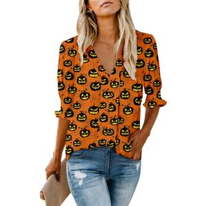Roshop Valentines Blouses Women's Dressy Tops Smocked Sleeve Deep V Neck Cute Heart Blouse (Black Pumpkin, Small)