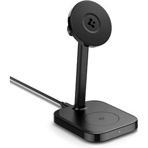 Spigen for MagSafe Wireless Charger Stand, Qi2 2-in-1 Dual Charging Station Compatible with iPhone 17/ 16/ 15/ 14/ 13/ 12 Series and AirPods, 15W Fast Charger with Adjustable Stand – Black
