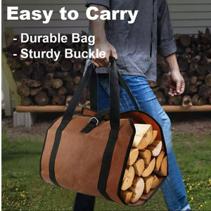 Heavy Duty Firewood Log Carrier Bag - Waxed Canvas Tote for Fireplace Wood (Brown)