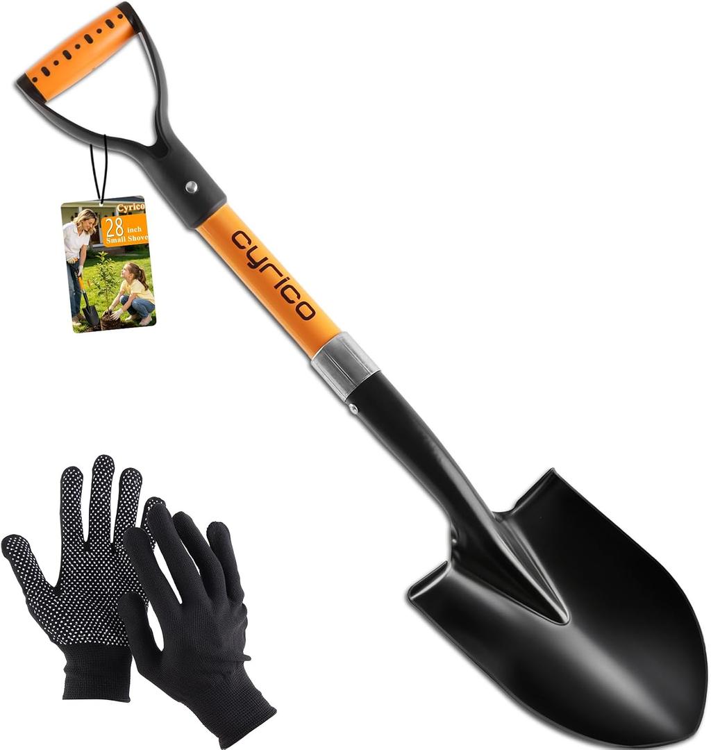 28 Inch Shovel for Digging, Heavy Duty Round Point Garden Shovel with D-Handle Fiberglass Handle, Portable Small Shovel for Gardening Landscaping Camping Snow Removal Beach Car Emergency Tool