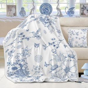 yuboo Blue White Spring Summer Floral Throw Blanket, Chinoiserie Flower Gifts for Women Kids Girls, Soft Flannel Hummingbird Blanket for Nautical French Country Coastal Victorian Decor, 50 x 60In