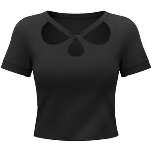 Hilinker Women Cut Out Crop Top Sexy Short Sleeve Shirts Slim Fit Casual Cropped Tees Black Large (L)
